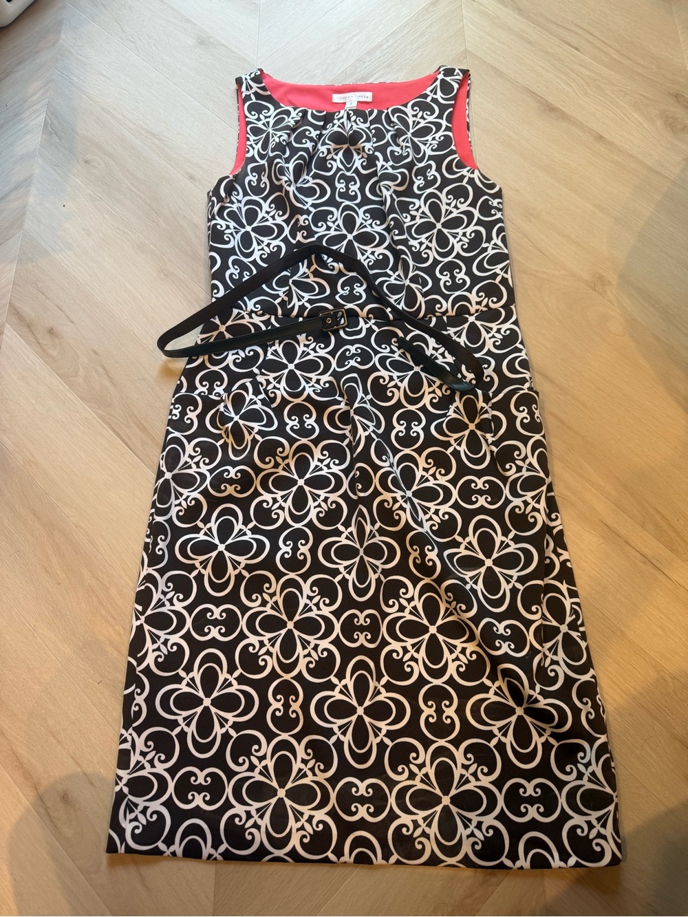 Brown & White Floral Sheath Dress with Coral Trim